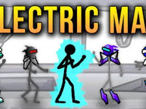 Electric Man stickman fighter charging an electric strike in a tournament arena